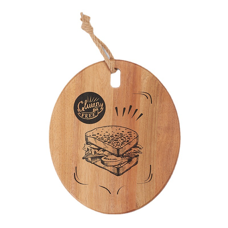 Oval Wooden Serving Board with Gluten-Free Sandwich Print – Hanging Acacia Cutting Tray with Rope Handle